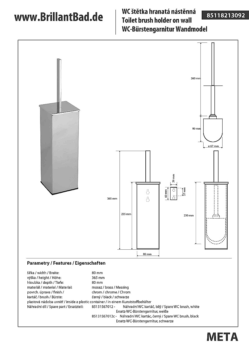META-BIA WC-Bürstengarnitur stehend oder hängend Messing Chrom poliert  80x360x80 mm für Bad & WC >> zum Bohren oder Kleben